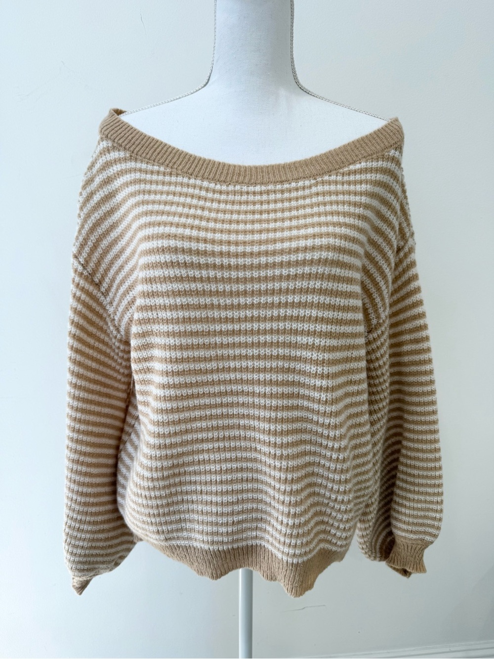 Striped Beige and White Off-Shoulder Sweater